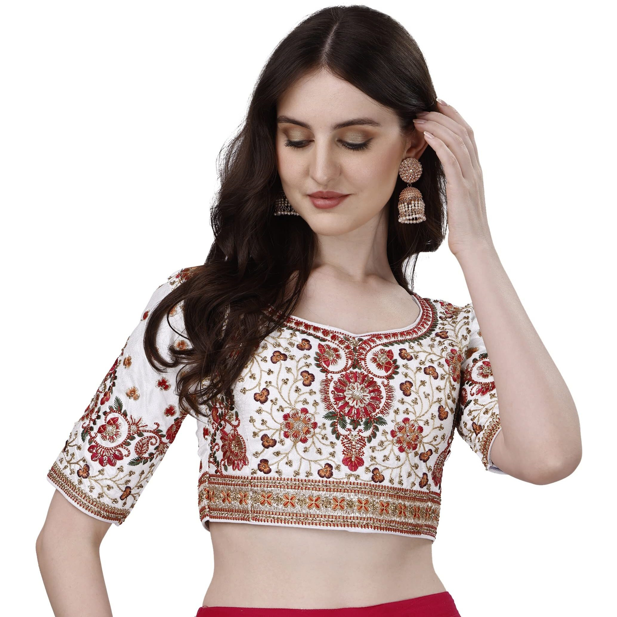 Pujia Mills Women's Heavy Multi Codding Embroidery With Diamond Work Half Sleeve Multicolor Trendy Blouse(Heer) (White, 42)