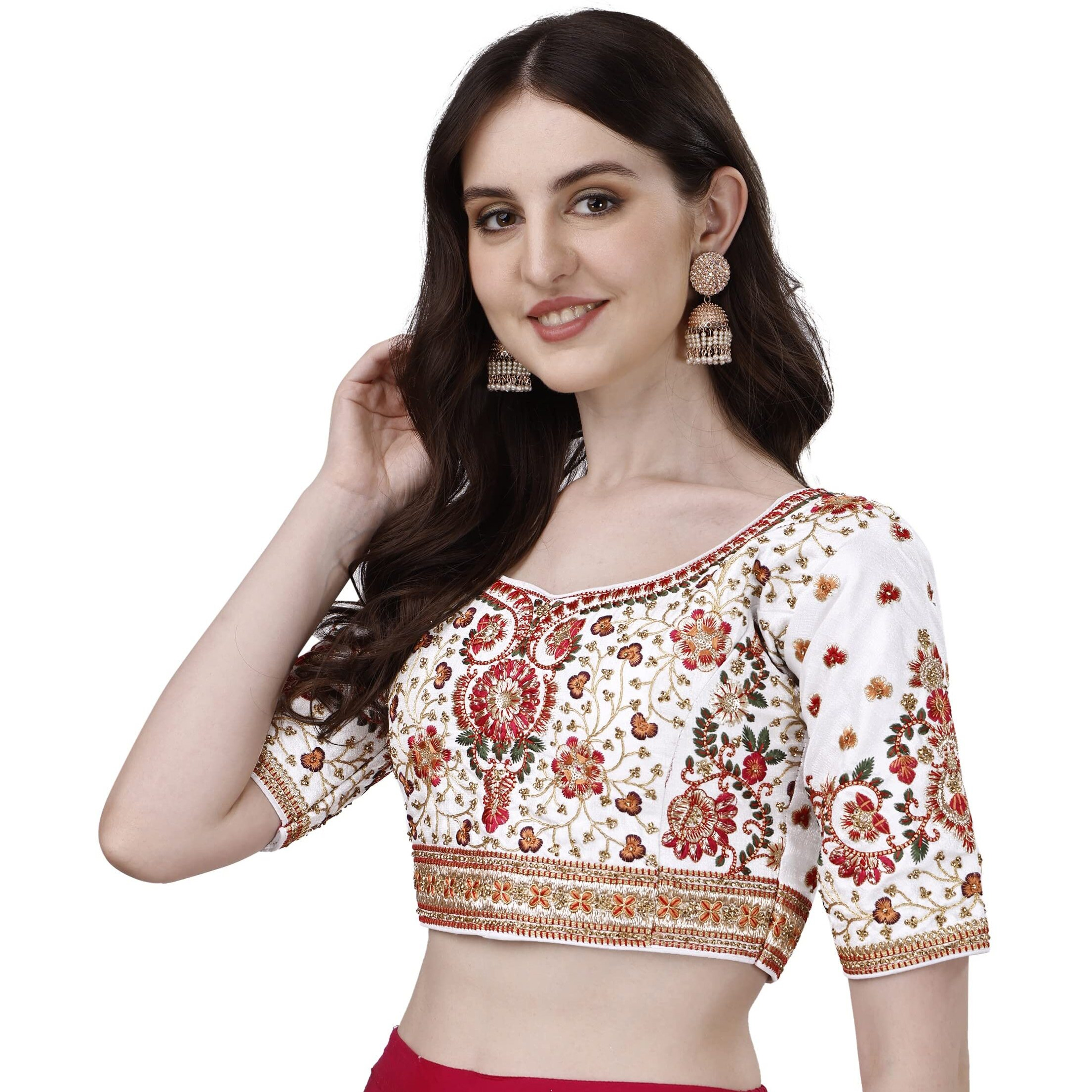 Pujia Mills Women's Heavy Multi Codding Embroidery With Diamond Work Half Sleeve Multicolor Trendy Blouse(Heer) (White, 42)