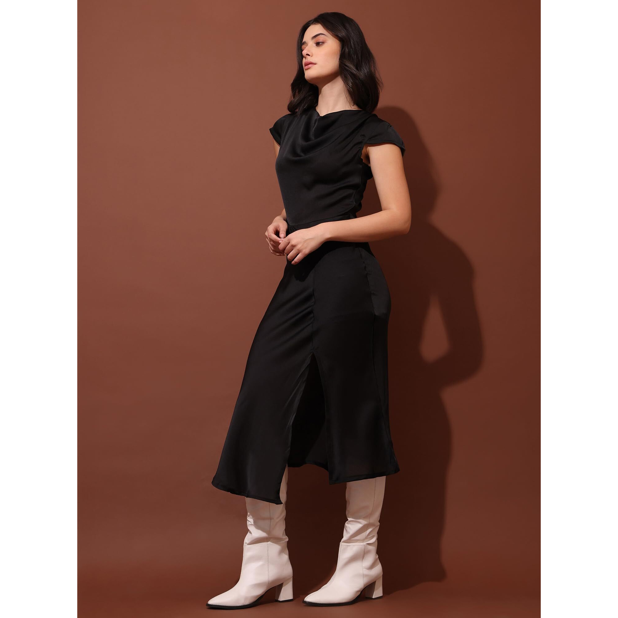 Purvaja Womens Cowl Neck Silk Blend Dress (Floe-119-S_Black)