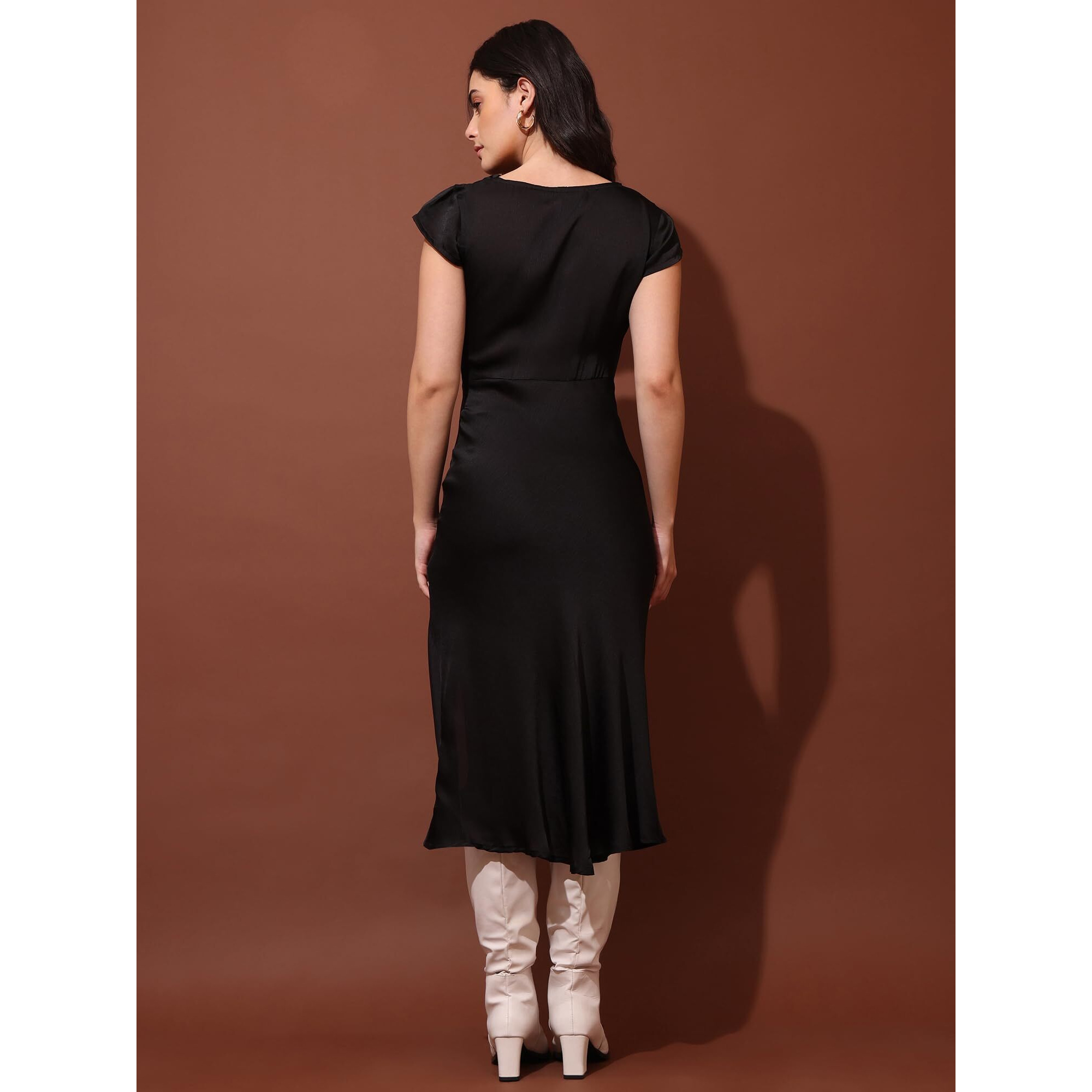 Purvaja Womens Cowl Neck Silk Blend Dress (Floe-119-S_Black)