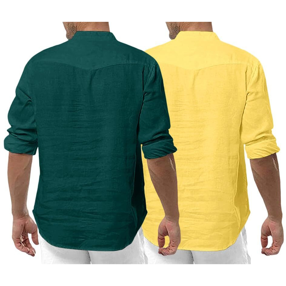 Royalscout Men's Cotton Polyester Blend Solid Regular Fit Full Sleeve Short Kurta | Ethnic, Lightweight Summer Kurta For Daily & Occasion Use Green-Yellow