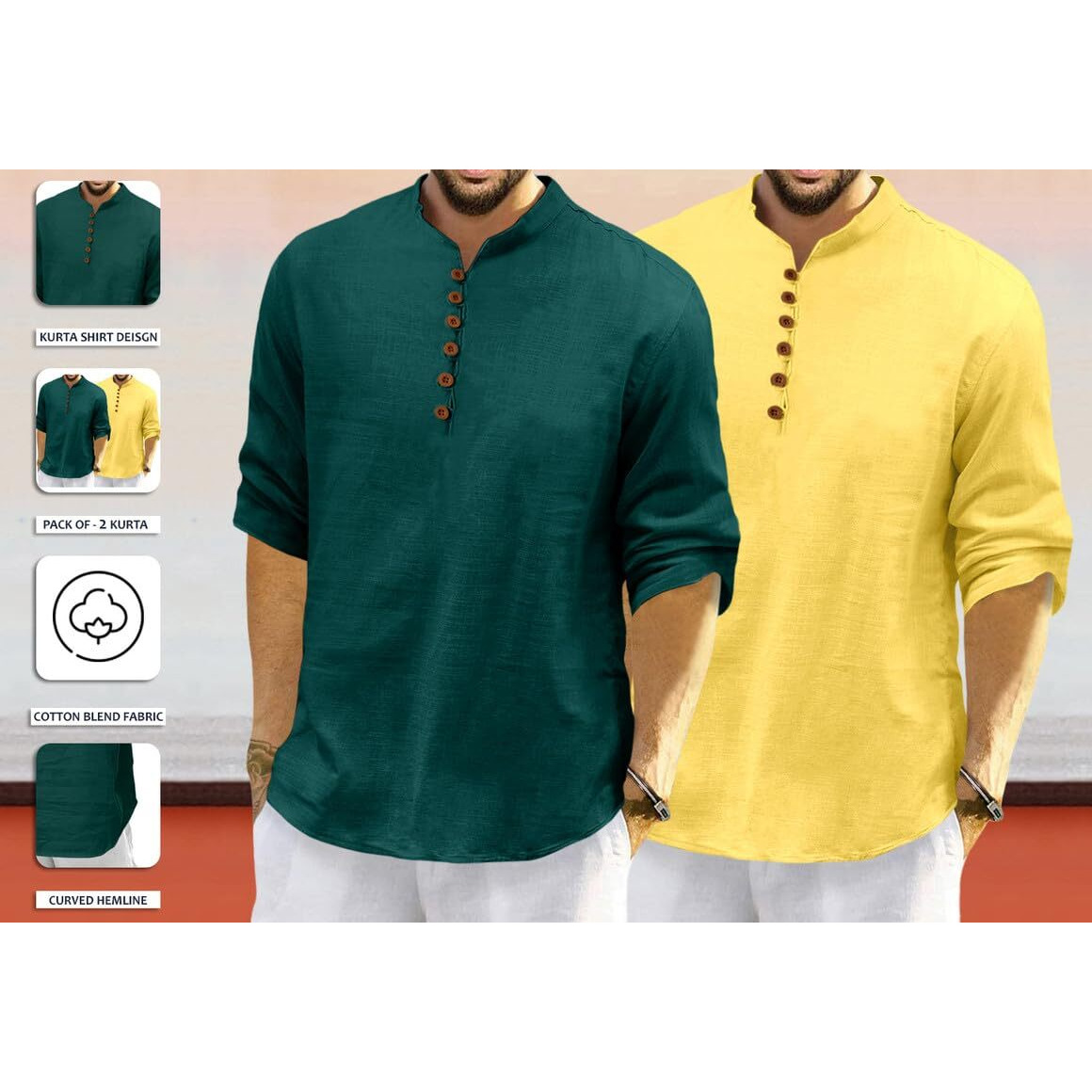 Royalscout Men's Cotton Polyester Blend Solid Regular Fit Full Sleeve Short Kurta | Ethnic, Lightweight Summer Kurta For Daily & Occasion Use Green-Yellow