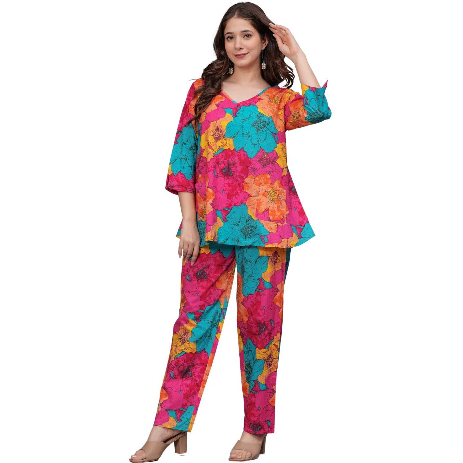 Rytras Women's Pure Cotton Printed Straight Kurta Set With Palazzo Pants - Ethnic Wear, Pink(Ryt606-New,M)
