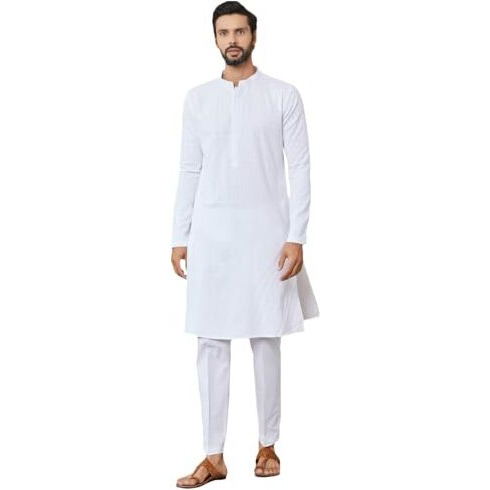 See Designs Men's Long Sleeve Mandarin Collar Side Slit White Embroidered Chikankari Pure Cotton Straight Kurta With Pyjama - Sdkt256601L