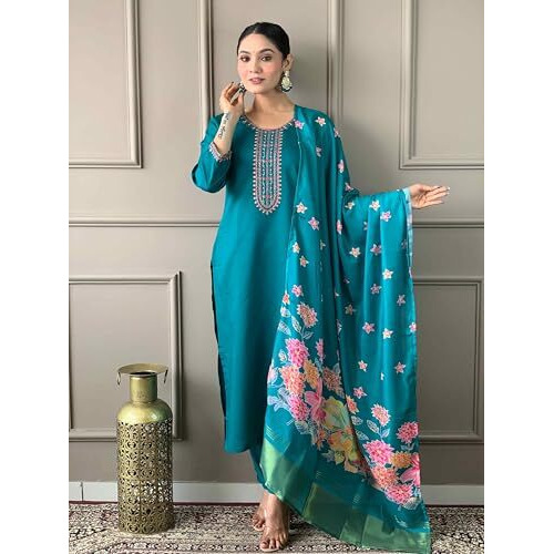 Shiv Textiles Women's Chanderi Silk Embroidered Kurta Pant Dupatta Set(Jda-Sofia-Rama-L)