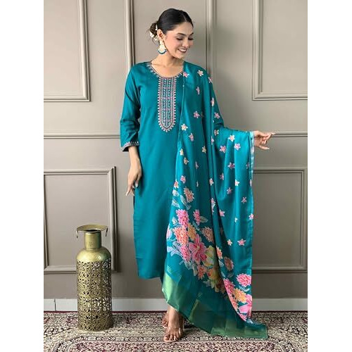Shiv Textiles Women's Chanderi Silk Embroidered Kurta Pant Dupatta Set(Jda-Sofia-Rama-L)