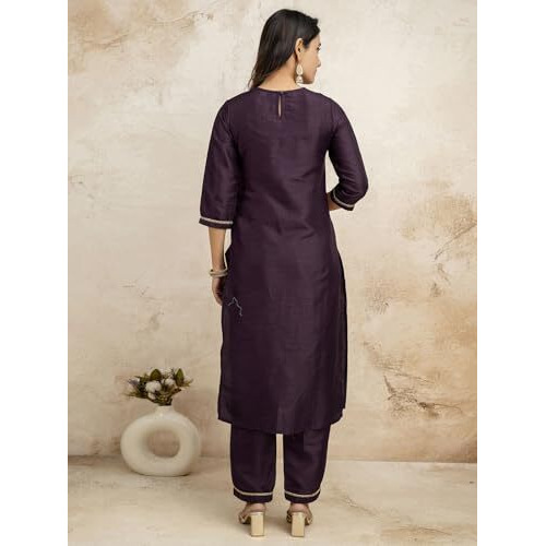 Sanisa Women's Silk Blend Sequence Embroidery Straight Kurta With Pant And Dupatta Set (96Kbd1058N-M_Wine)