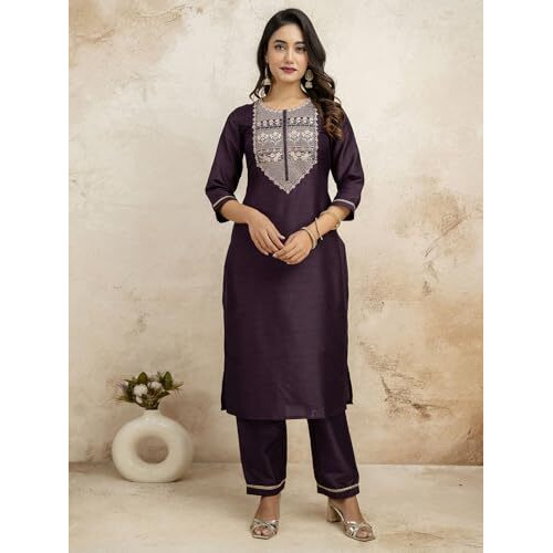 Sanisa Women's Silk Blend Sequence Embroidery Straight Kurta With Pant And Dupatta Set (96Kbd1058N-M_Wine)