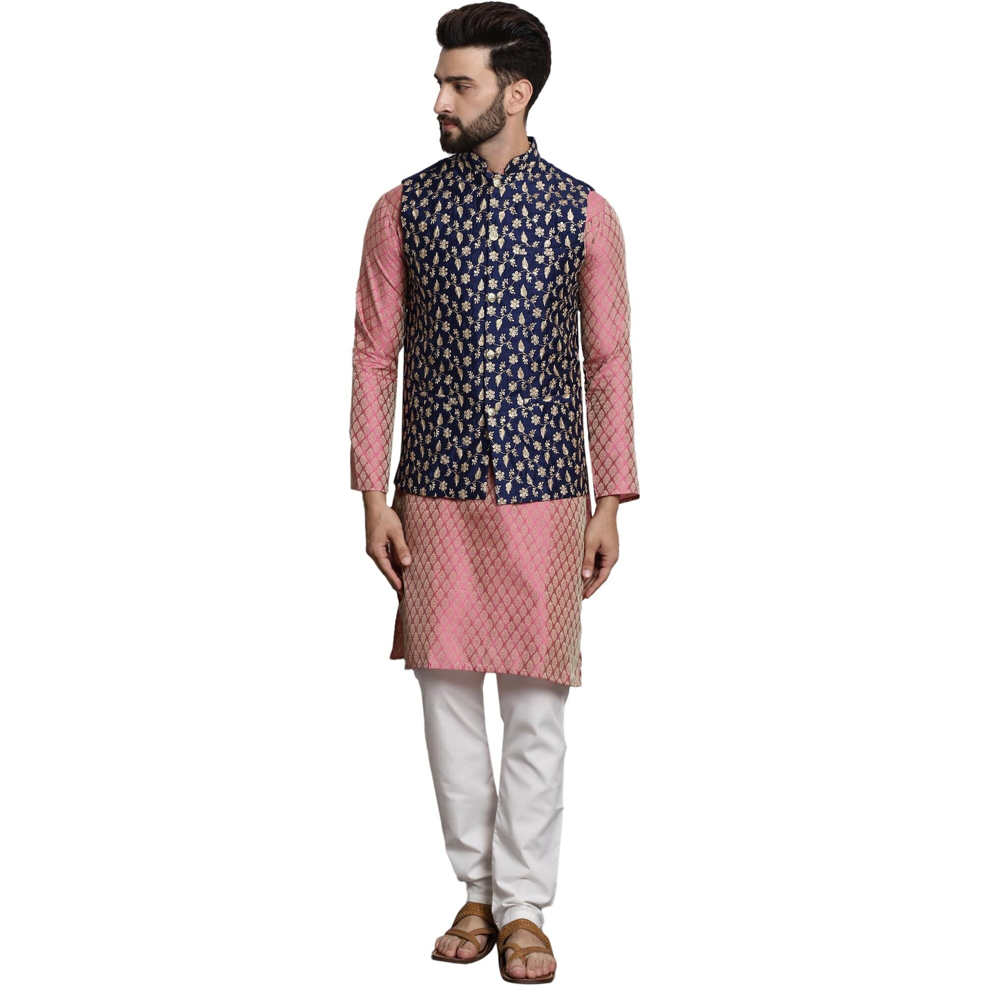 Sojanya (Since 1958 Men's Silk Blend Pink Kurta & Cream Pyjama With Navy Blue Embroidered Nehrujacket