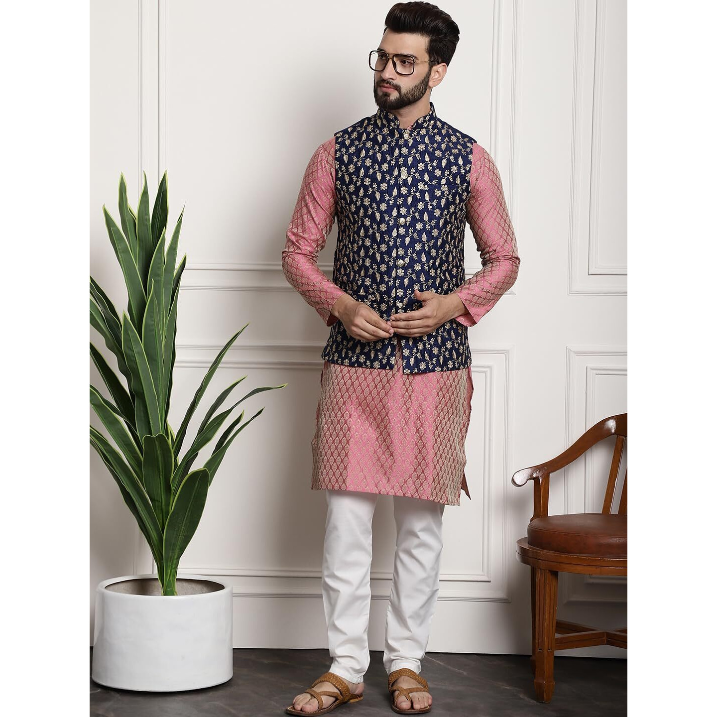 Sojanya (Since 1958 Men's Silk Blend Pink Kurta & Cream Pyjama With Navy Blue Embroidered Nehrujacket