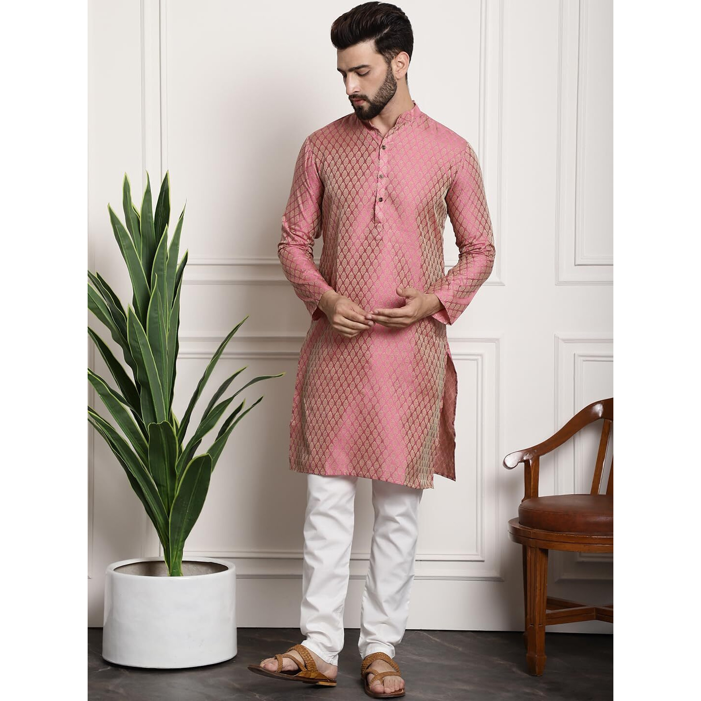 Sojanya (Since 1958 Men's Silk Blend Pink Kurta & Cream Pyjama With Navy Blue Embroidered Nehrujacket