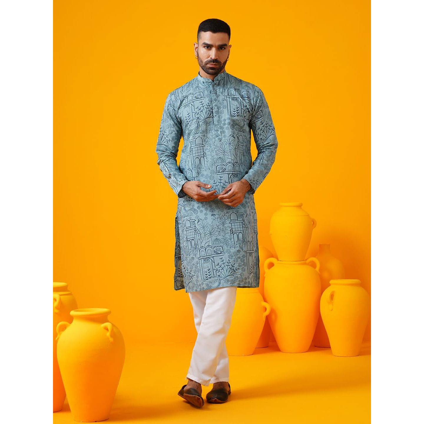 Sojanya (Since 1958 Men's Cotton Silk Kantha Thread Embroidered Blue Kurta With White Pyjama