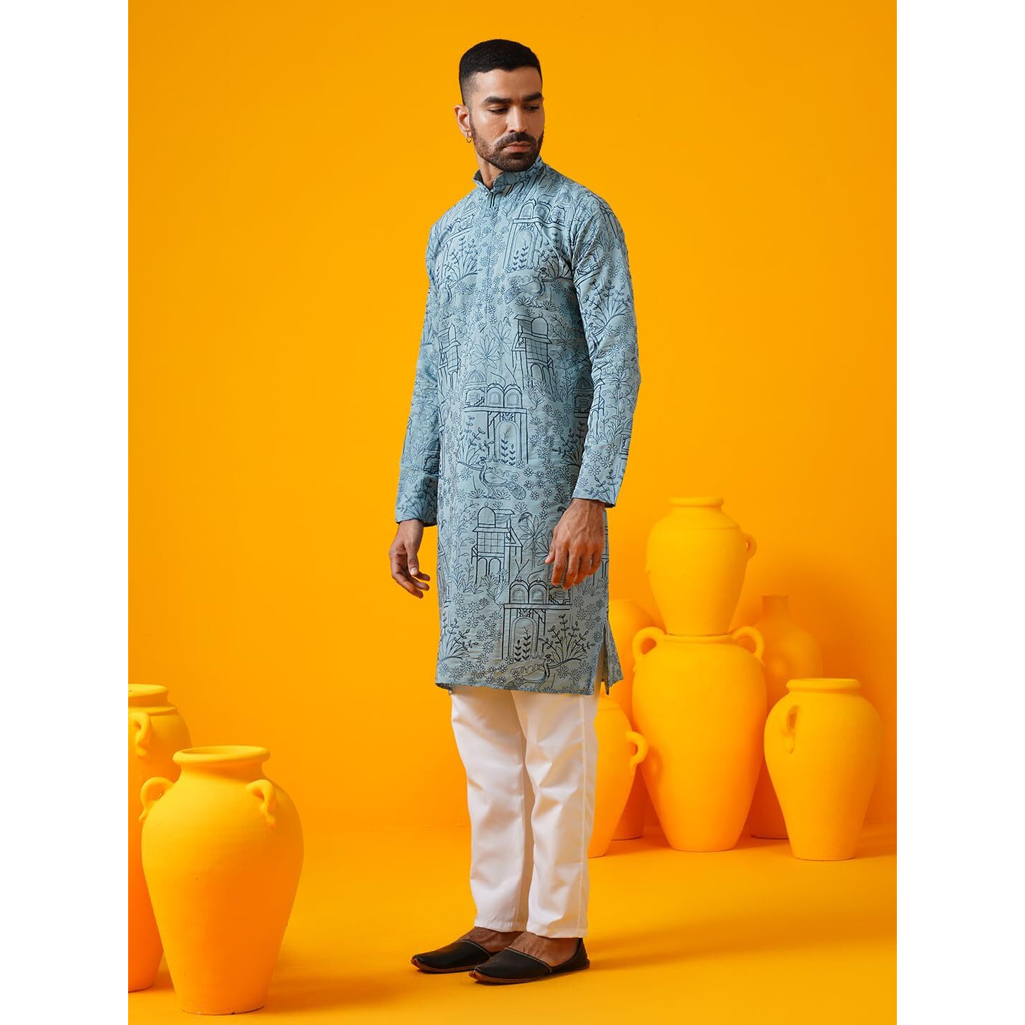 Sojanya (Since 1958 Men's Cotton Silk Kantha Thread Embroidered Blue Kurta With White Pyjama