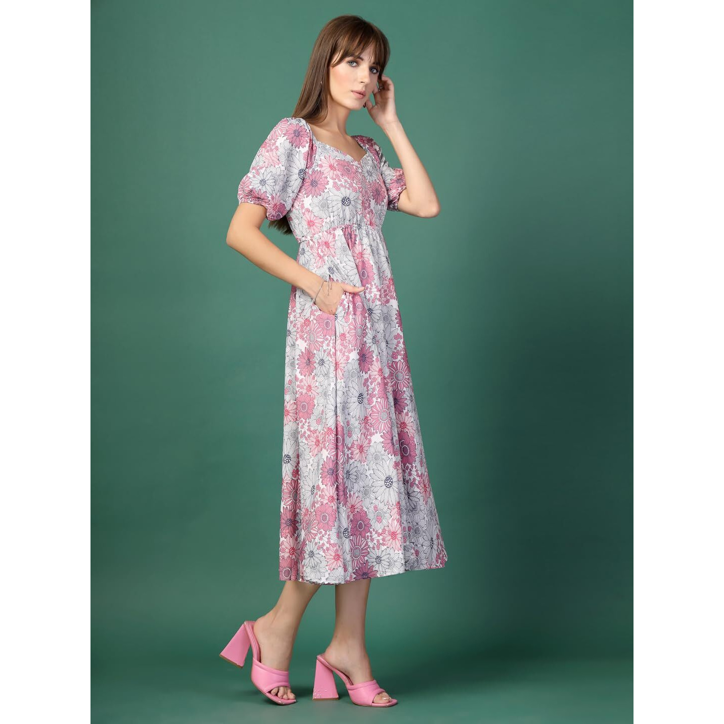 Oomph Flared Dress For Women Stylish | Long One Piece For Women | Puff Sleeve Long Dress | Floral Print Maxi One Piece | Western & Fusion Wear
