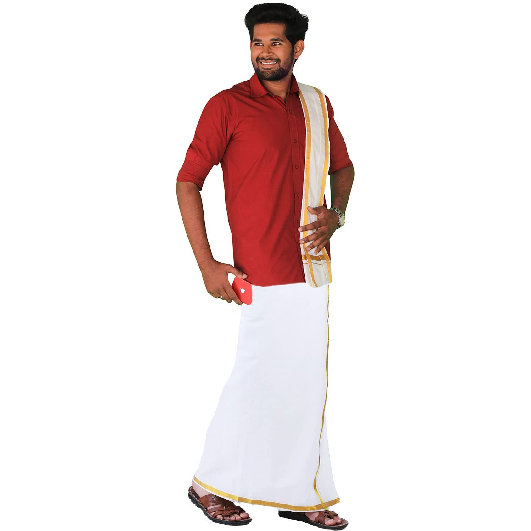 Prakasam Cotton Mens Flexi Size Welcro Pocket Readymade Dhoti +Matching Jari Cotton Single Towel Set Only (Shirt Not Included)