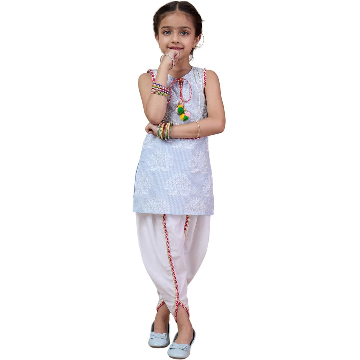 Pspeaches Girl's Cotton Dhoti Set (Dh-Greywhite-4-5Y_Grey