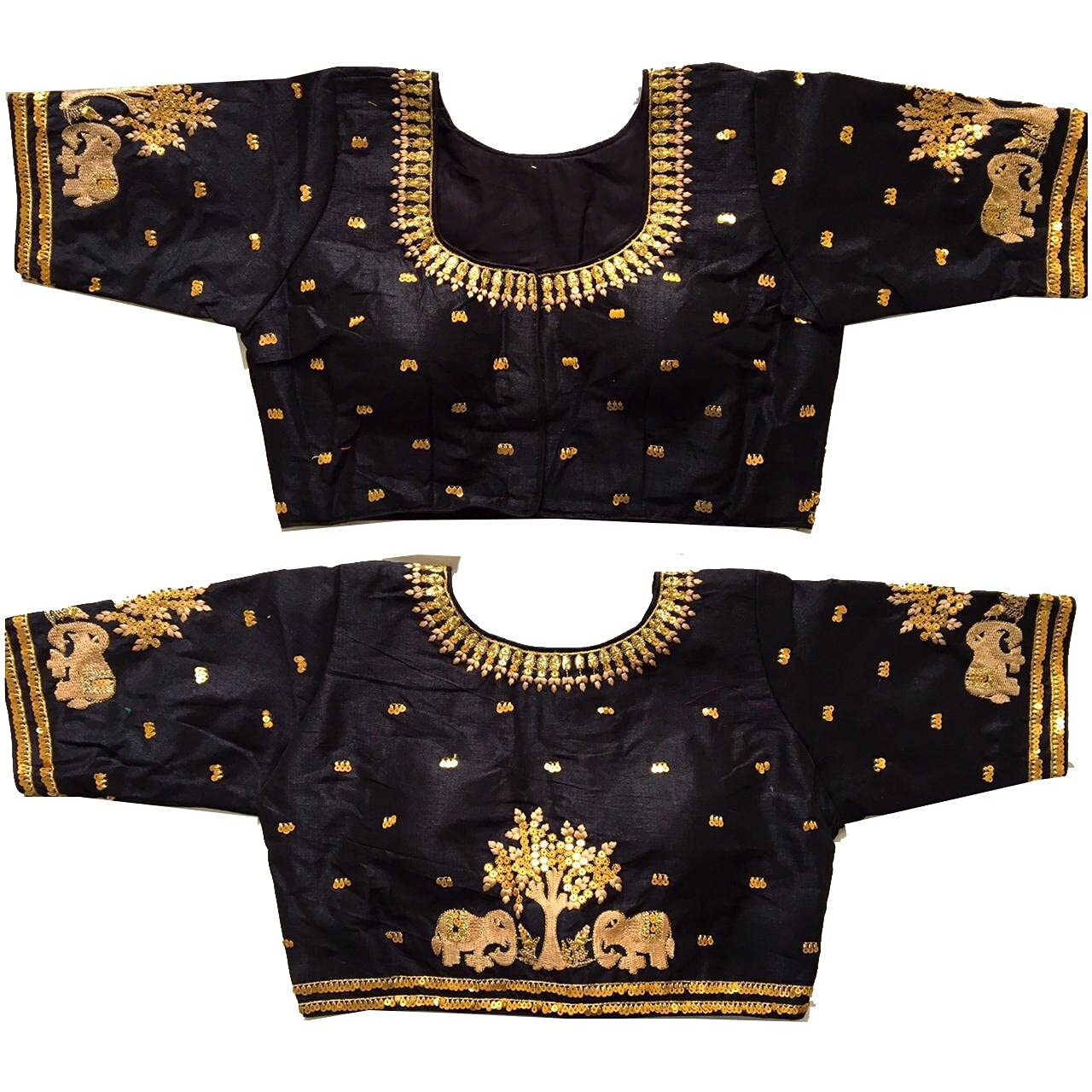 Pujia Mills Women's Multicolor Phantom Silk Heavy Elephant Gold Thread Embroidery Sequins Zari Work Half Sleeves Readymade Saree Blouse (38 Size +Margin)