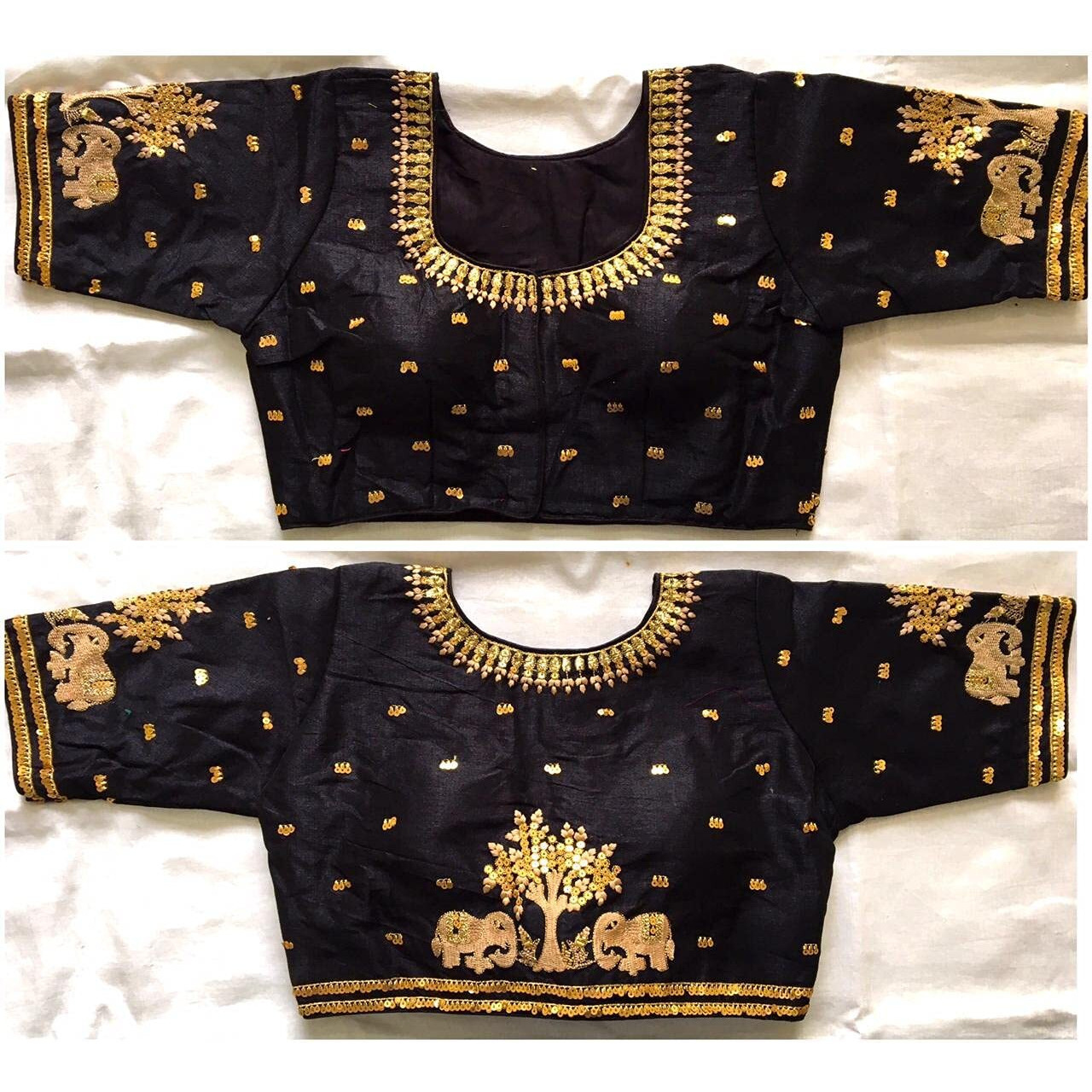 Pujia Mills Women's Multicolor Phantom Silk Heavy Elephant Gold Thread Embroidery Sequins Zari Work Half Sleeves Readymade Saree Blouse (38 Size +Margin)