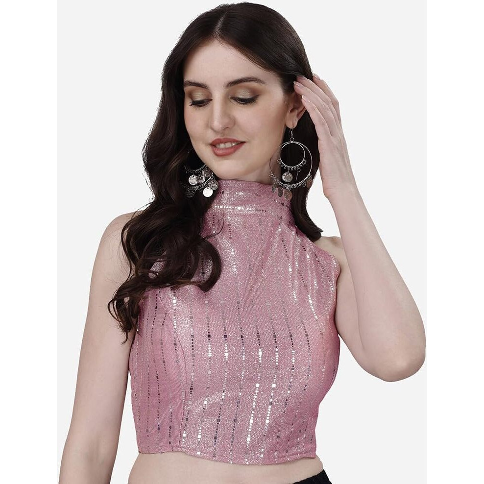 Pujia Mills Womens Readymade Fancy Halter Neck Sleeveless Saree Blouse.(Halter Neck Sequins Pink_38)