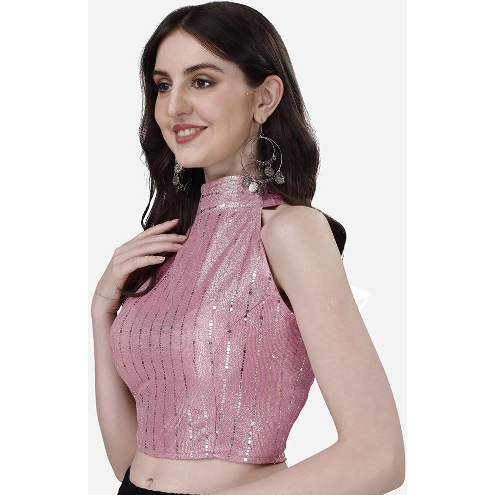 Pujia Mills Womens Readymade Fancy Halter Neck Sleeveless Saree Blouse.(Halter Neck Sequins Pink_38)