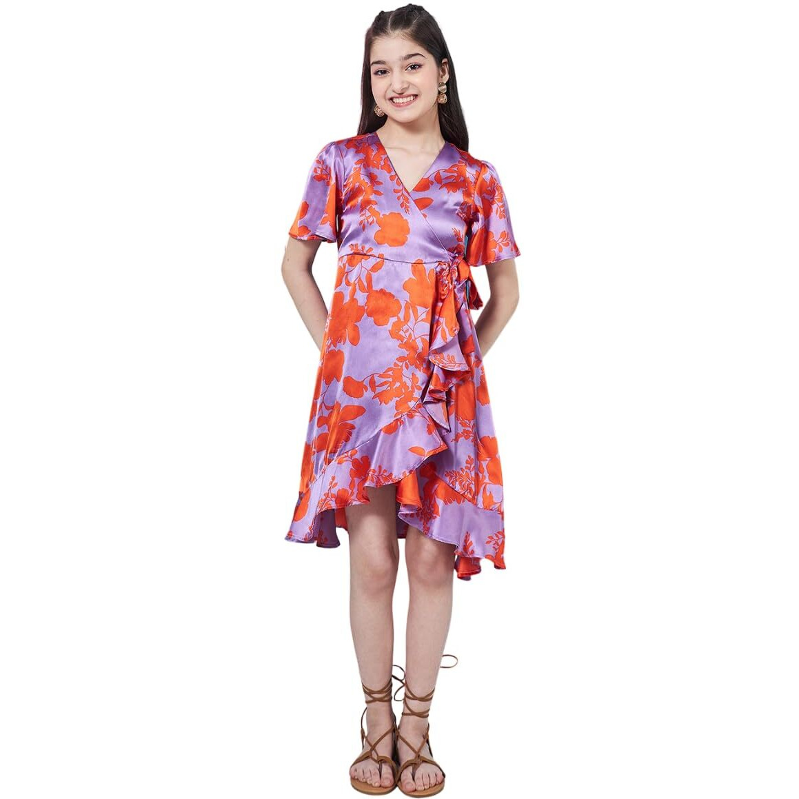 Pspeaches Girl's Floral Printed Flutter Sleeve Satin Wrap Dress Purple Color Stylish & Trendy (13-14Years)