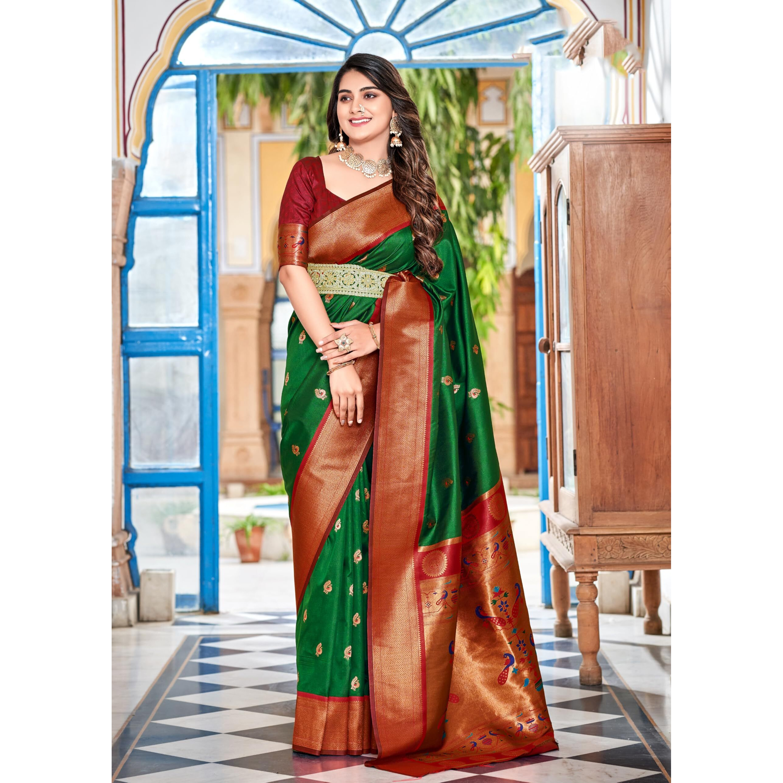 Pujia Mills Women's Banarasi Golden Zari Woven Saree For Wedding South Indian Ethnic Wear Saree Peshwai Woven Zari Pure Paithani Silk Saree For Bridal With Blouse Soft Wedding Saree With Blouse Piece