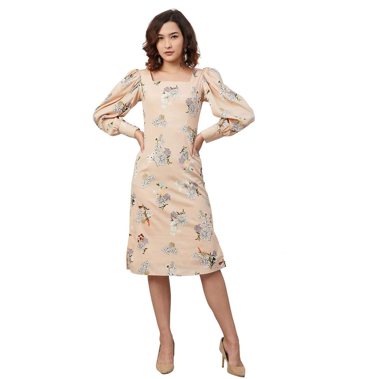 Rare Women's Crepe A-Line Midi Casual Dress (Ep6215_Beige_S)