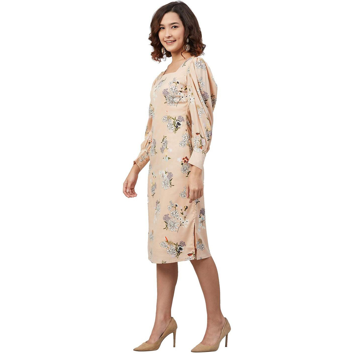 Rare Women's Crepe A-Line Midi Casual Dress (Ep6215_Beige_S)