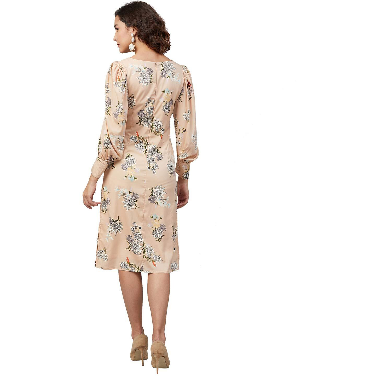 Rare Women's Crepe A-Line Midi Casual Dress (Ep6215_Beige_S)