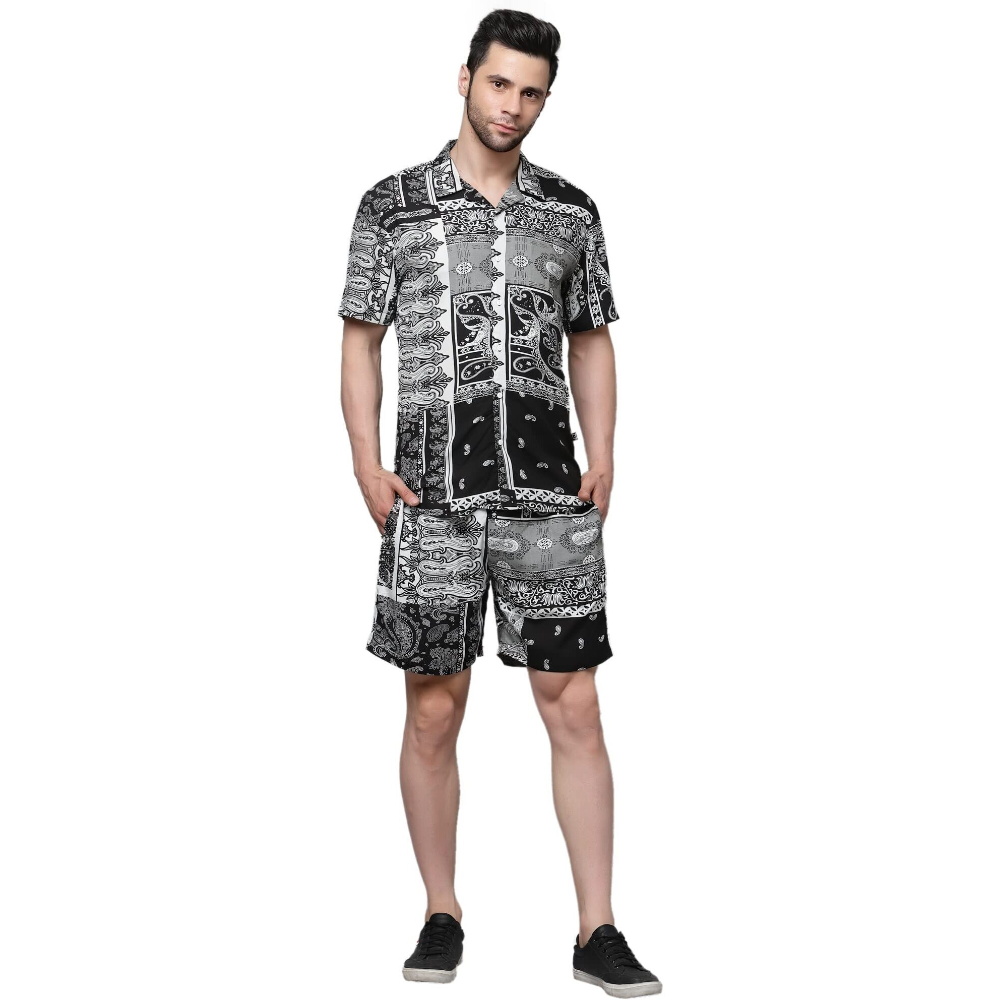 Rigo Printed Co-Ord Set For Men's | Casual Shirt & Shorts Night Suit Set | Lounge-Wear Nightdress Pajama Set For Men's | Night Wear, Beach Wear, Vacation Wear Outfit Black
