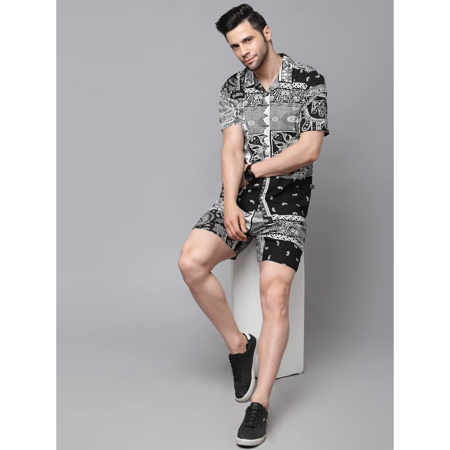 Rigo Printed Co-Ord Set For Men's | Casual Shirt & Shorts Night Suit Set | Lounge-Wear Nightdress Pajama Set For Men's | Night Wear, Beach Wear, Vacation Wear Outfit Black