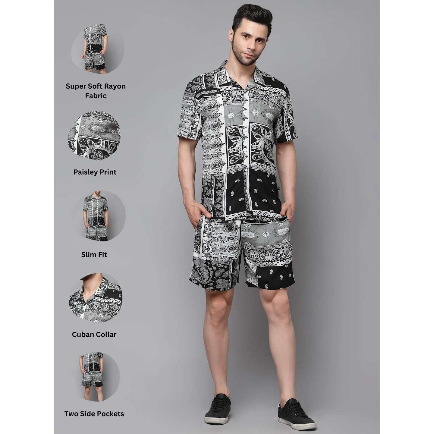 Rigo Printed Co-Ord Set For Men's | Casual Shirt & Shorts Night Suit Set | Lounge-Wear Nightdress Pajama Set For Men's | Night Wear, Beach Wear, Vacation Wear Outfit Black
