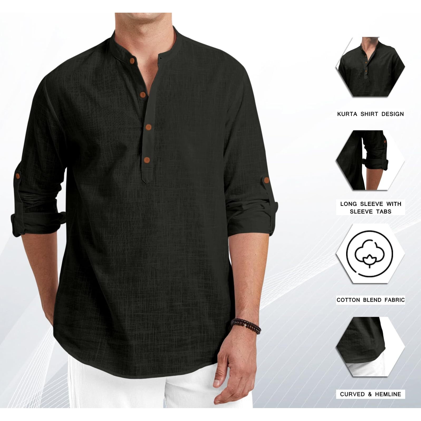 Royalscout Men Cotton Blend Full Sleeve Short Kurta Black