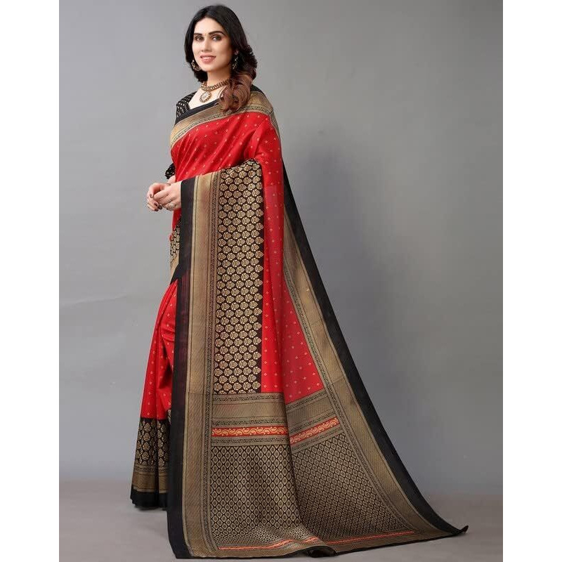 Satrani Women's Poly Silk Printed Saree With Unstitched Blouse Piece(2535S935Na_Red & Beige)