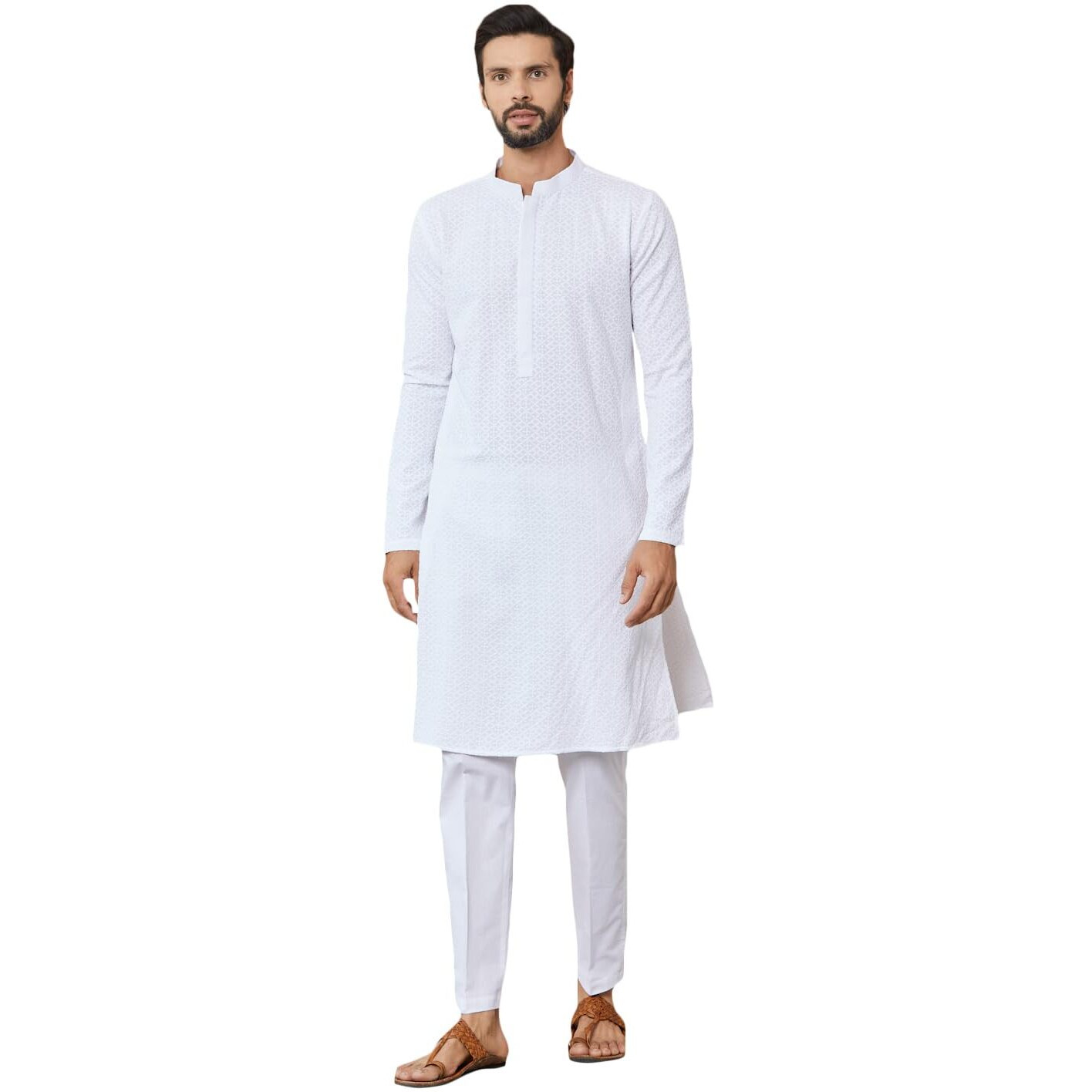 See Designs Men's Long Sleeve Mandarin Collar Side Slit White Embroidered Chikankari Pure Cotton Straight Kurta - Sdkt2566M
