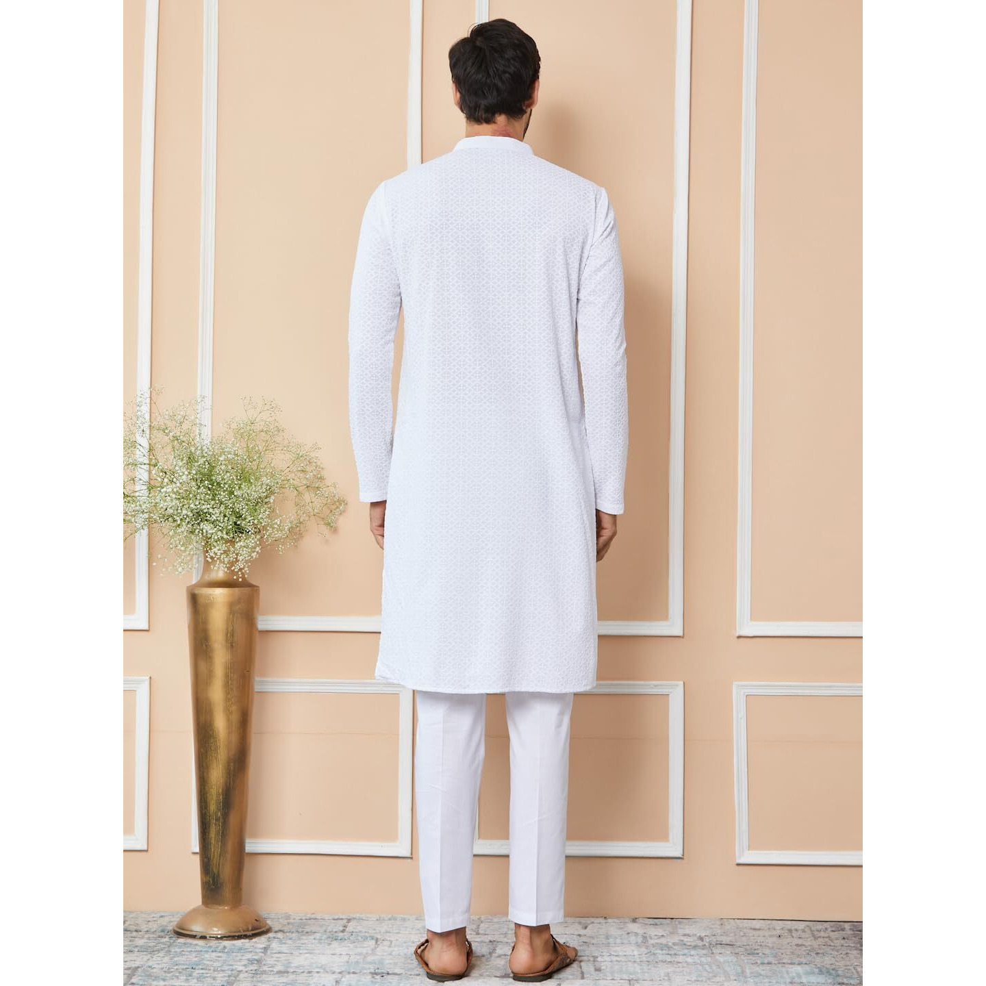 See Designs Men's Long Sleeve Mandarin Collar Side Slit White Embroidered Chikankari Pure Cotton Straight Kurta - Sdkt2566M