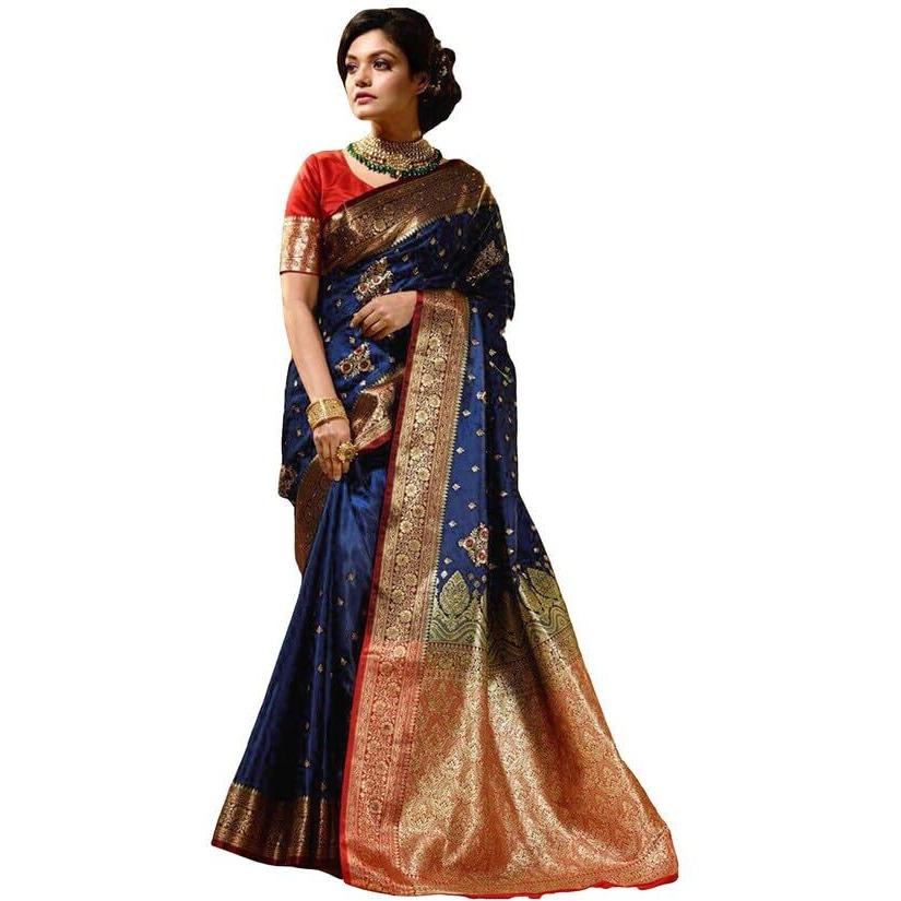 Satrani Women's Art Silk Jacquard Saree With Unstitched Blouse Piece (3382S383N_Blue & Golden)