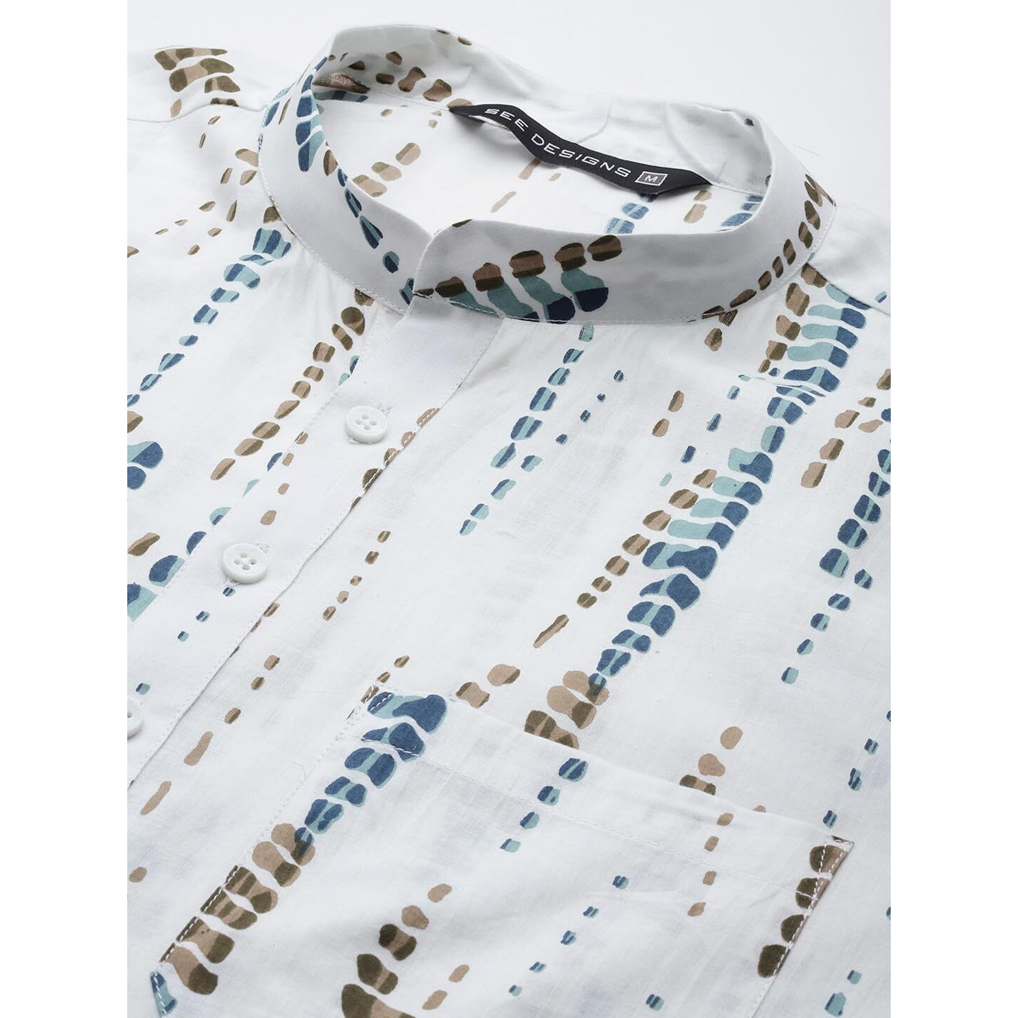 See Designs Men Mandarin Collar White & Blue Pure Cotton Printed Staright Full Sleeve Kurta With Pajama - Sd2Mkt_122501Xxl