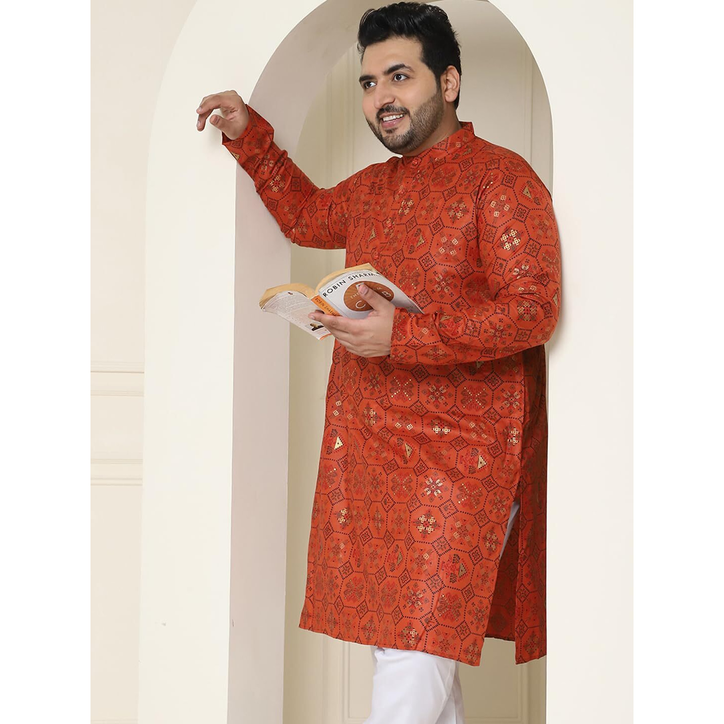 Sojanya Plus (Since 1958) Men's Cotton Linen Orange And Multi Printed Only Long Kurta