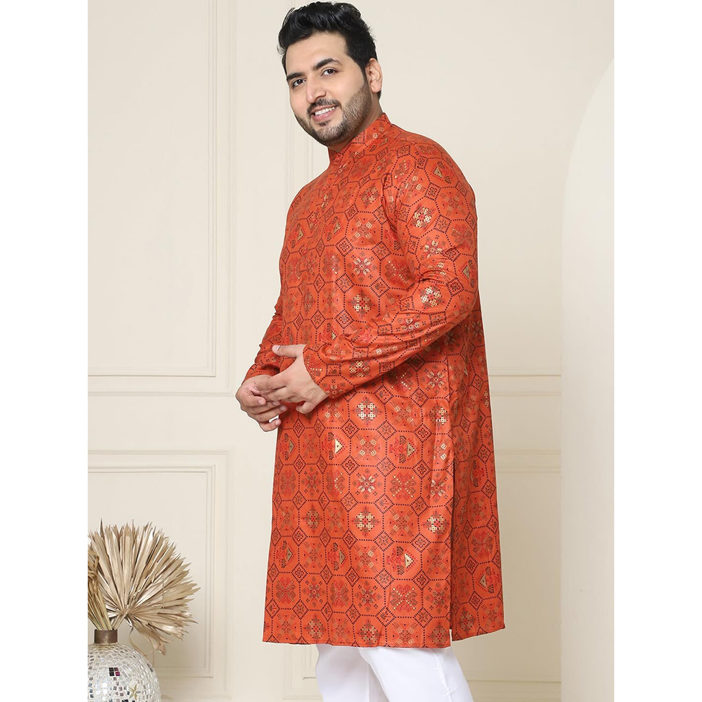 Sojanya Plus (Since 1958) Men's Cotton Linen Orange And Multi Printed Only Long Kurta