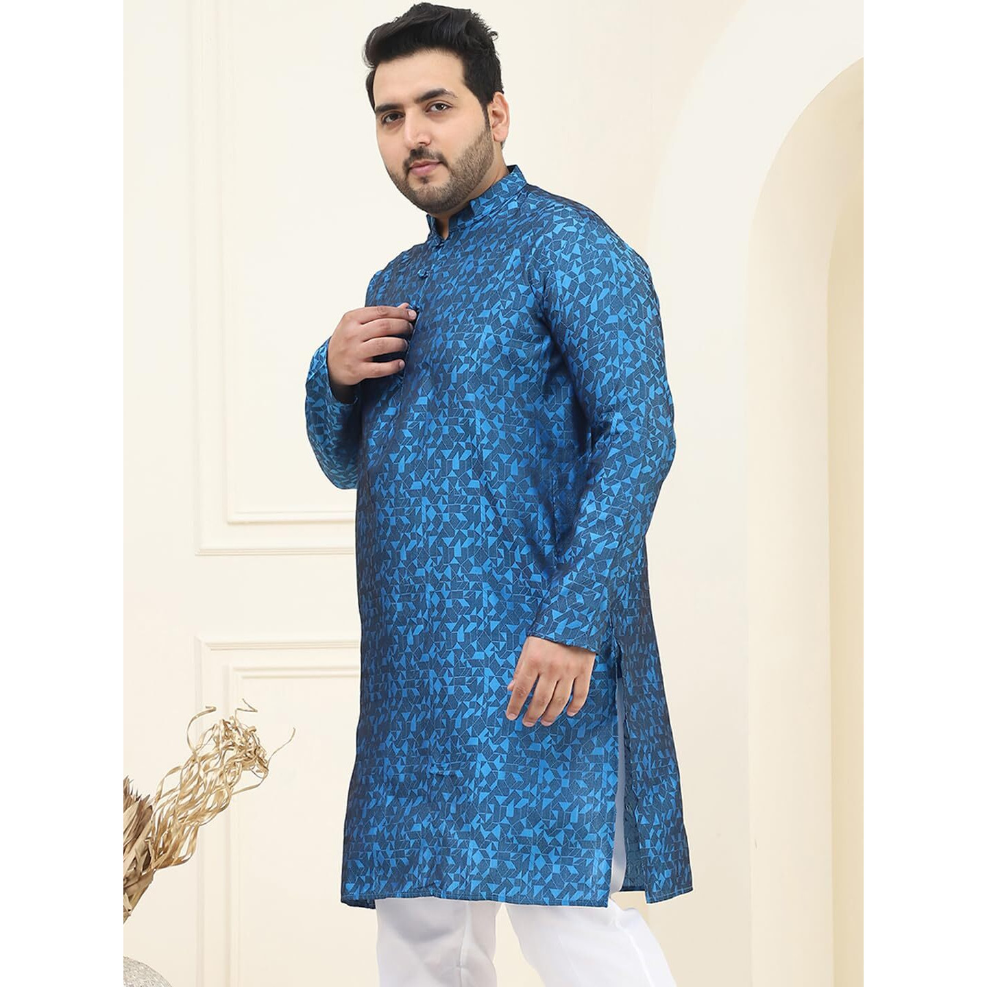 Sojanya Plus (Since 1958) Men's Silk Blend Blue Self Design Only Long Kurta
