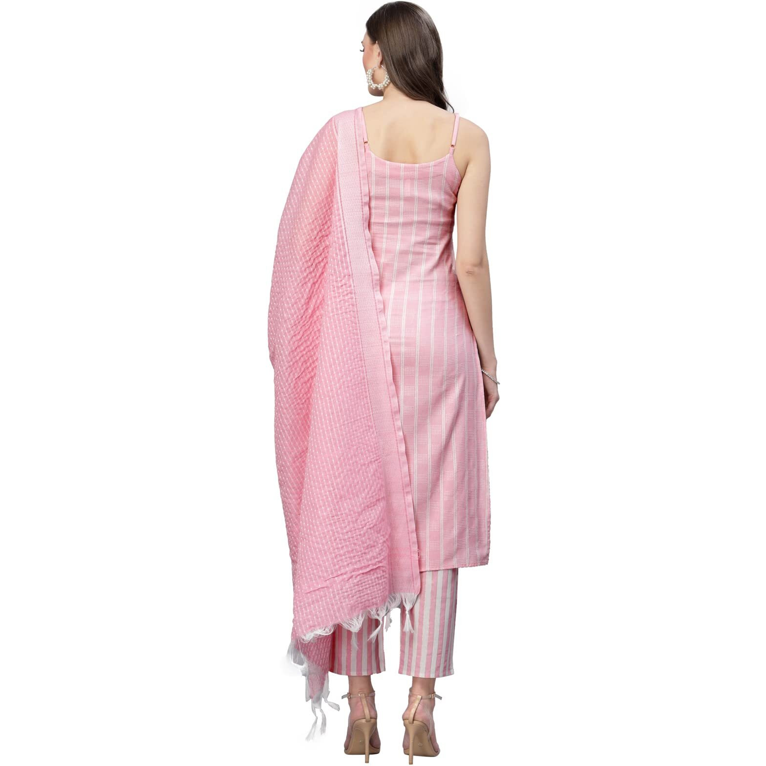 Stylum Women's Woven Designed Cotton Blend Straight Kurta Pant Dupatta Set (Pinkmelody42_Light Pink, Xl)