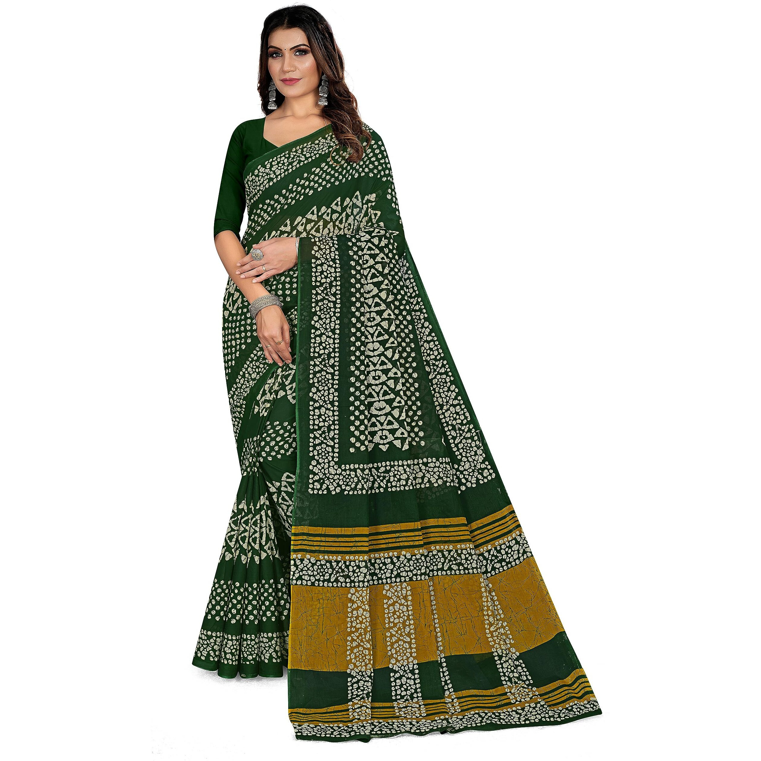 Tamaira Fashion Women's Batik Printed Pure Cotton Saree Without Blouse Piece(2456_Bottlegreen)