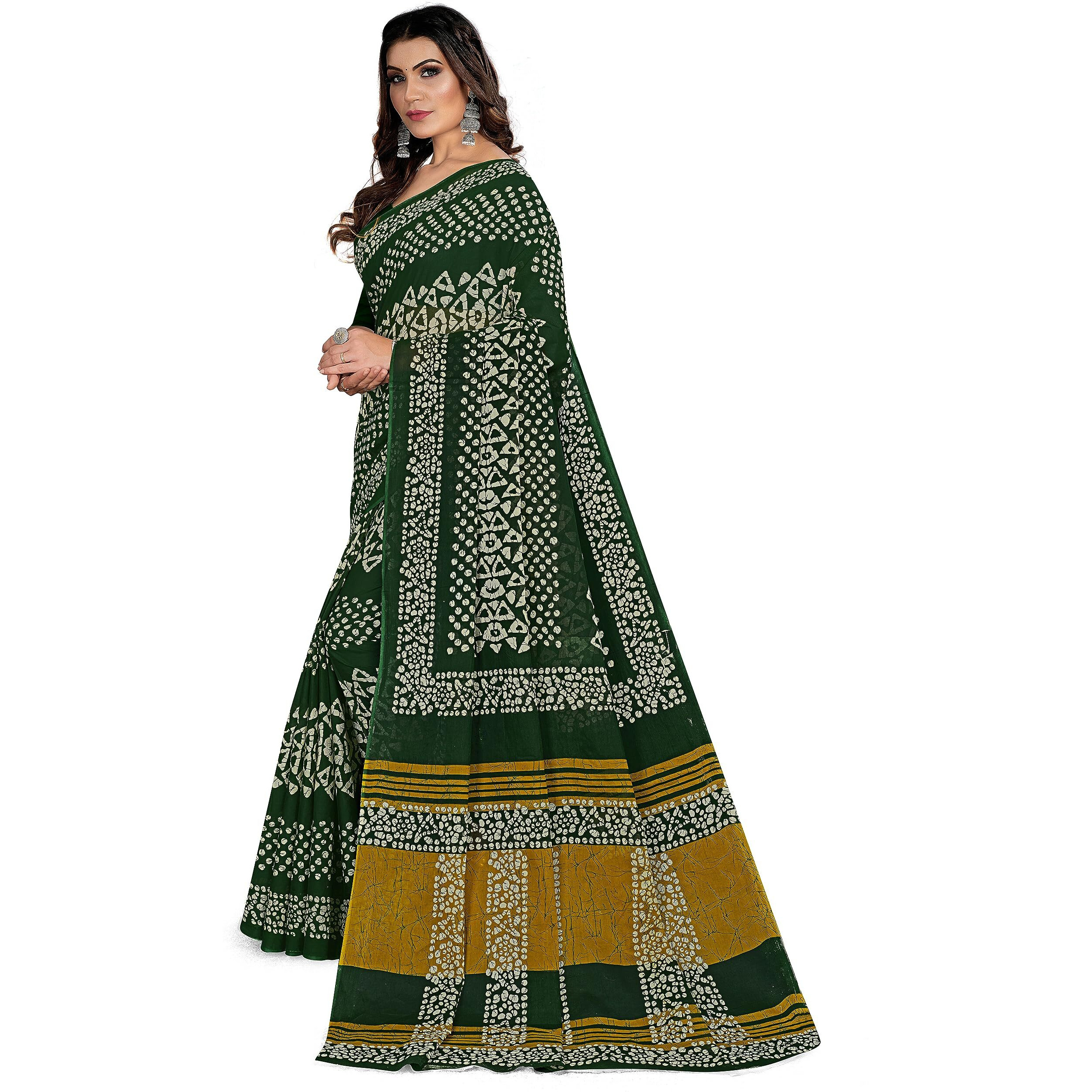 Tamaira Fashion Women's Batik Printed Pure Cotton Saree Without Blouse Piece(2456_Bottlegreen)