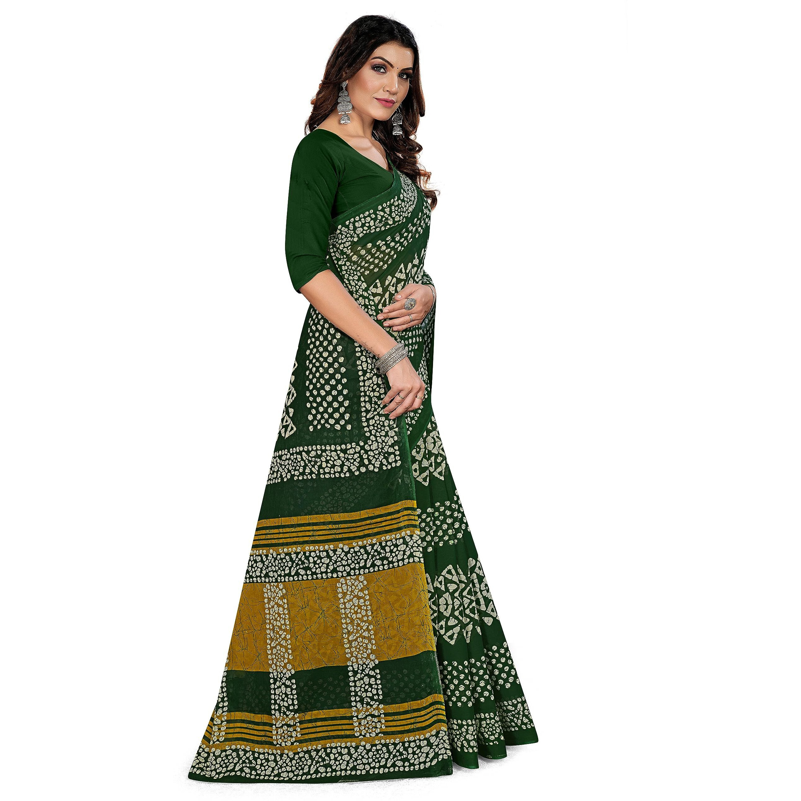 Tamaira Fashion Women's Batik Printed Pure Cotton Saree Without Blouse Piece(2456_Bottlegreen)