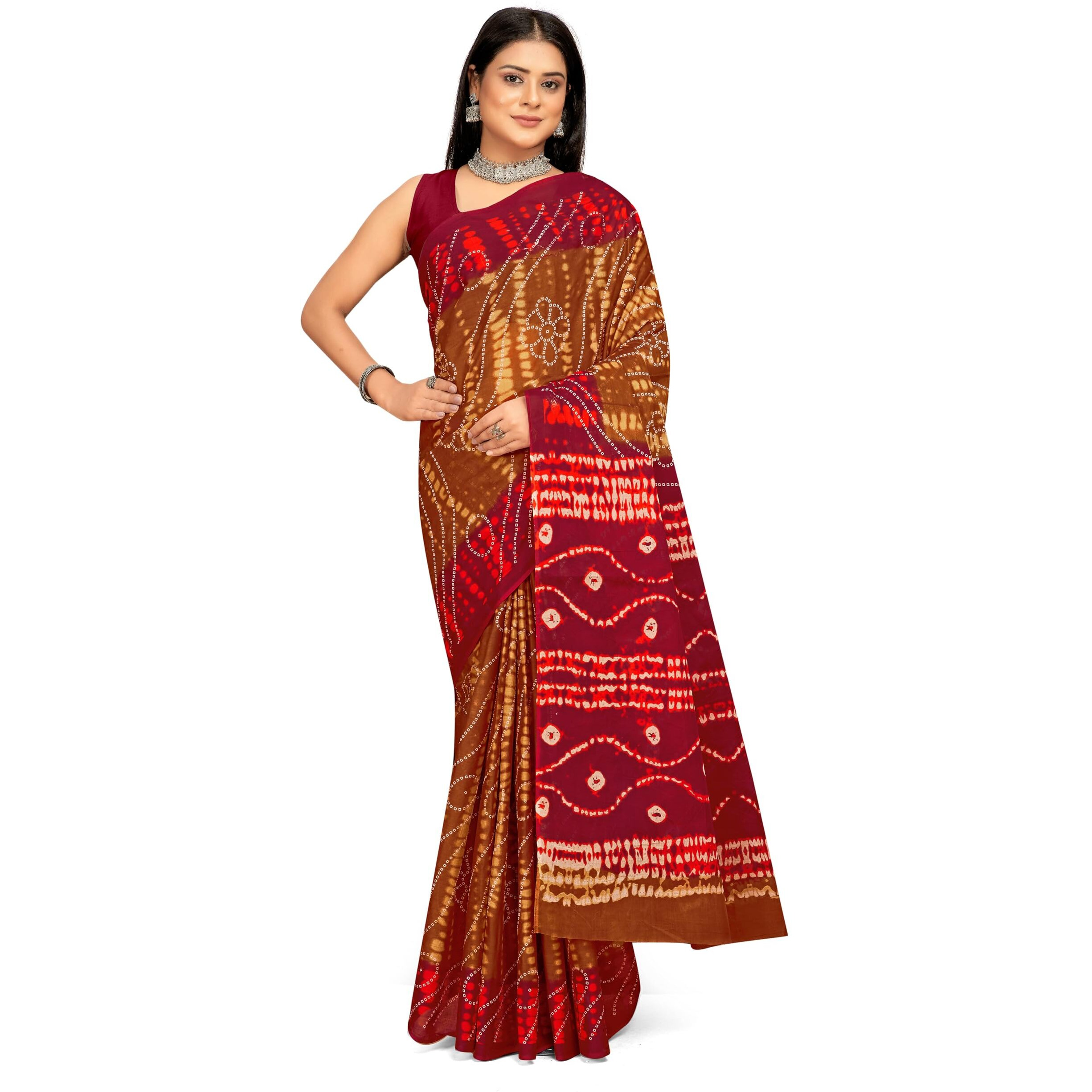 Tamaira Fashion Women's Shibori Bandhani Printed Pure Cotton Mulmul Saree Without Blouse Piece(2512_Brown&Maroon)