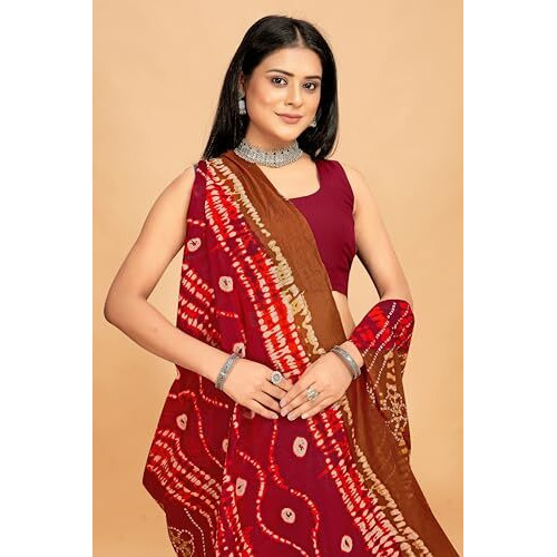 Tamaira Fashion Women's Shibori Bandhani Printed Pure Cotton Mulmul Saree Without Blouse Piece(2512_Brown&Maroon)