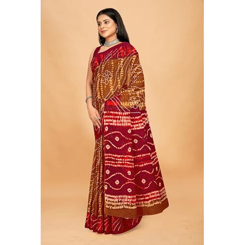 Tamaira Fashion Women's Shibori Bandhani Printed Pure Cotton Mulmul Saree Without Blouse Piece(2512_Brown&Maroon)