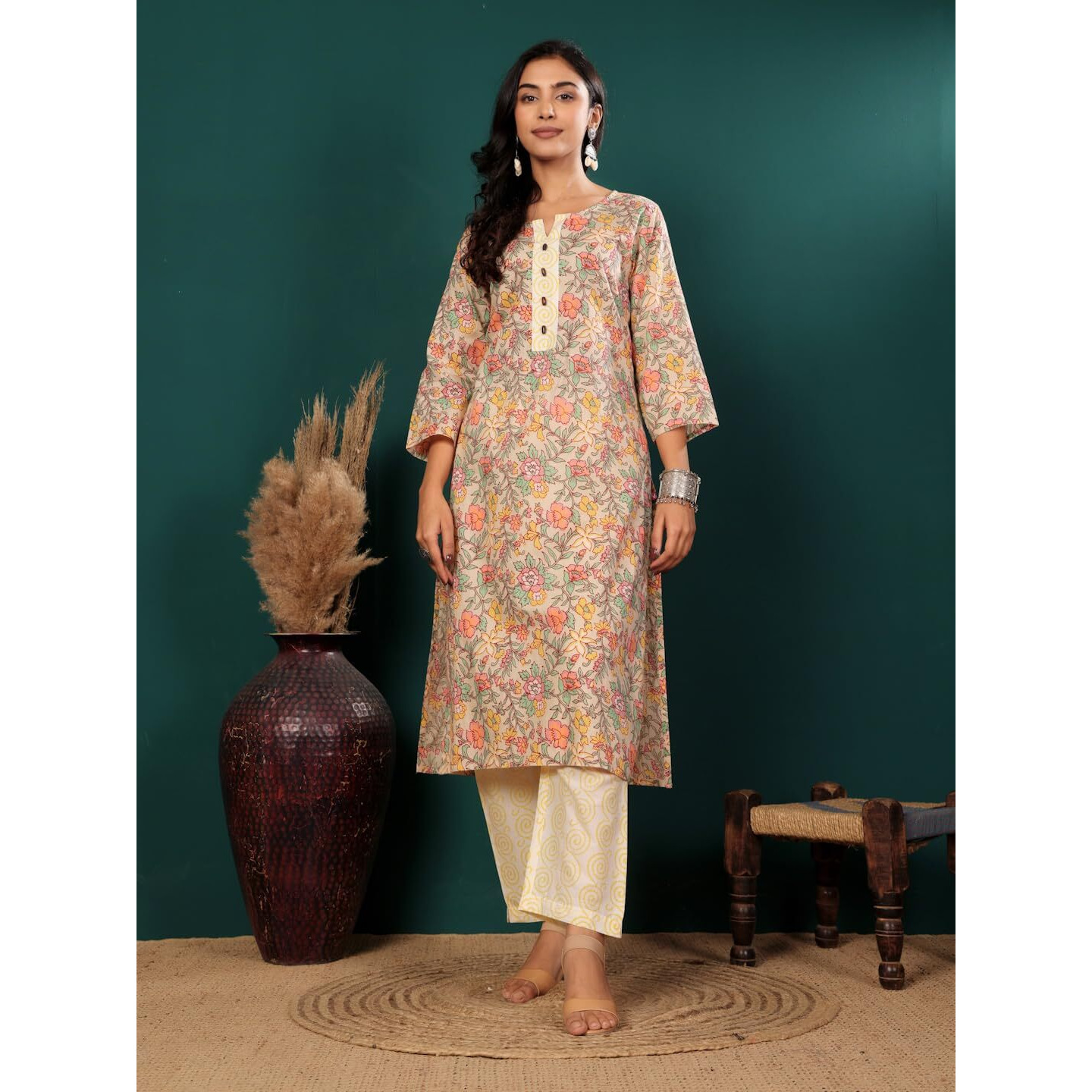 Varanga Varnaga Grey And Green Floral Printed Straight Kurta With Trouser Set | Round Neckline With V-Cut | 3/4Th Sleeves | Side Slits | Comfortable Elasticated Trousers (Large)