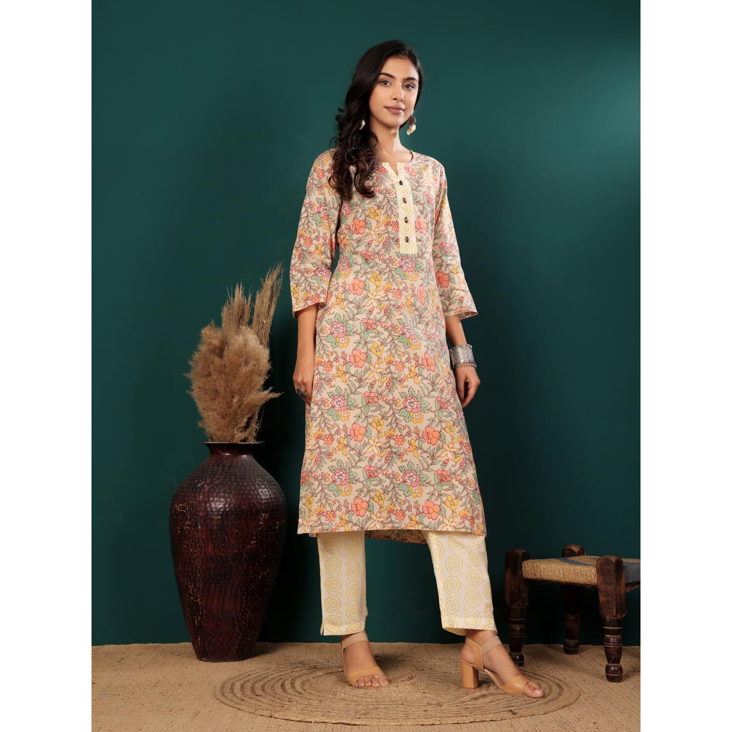 Varanga Varnaga Grey And Green Floral Printed Straight Kurta With Trouser Set | Round Neckline With V-Cut | 3/4Th Sleeves | Side Slits | Comfortable Elasticated Trousers (Large)